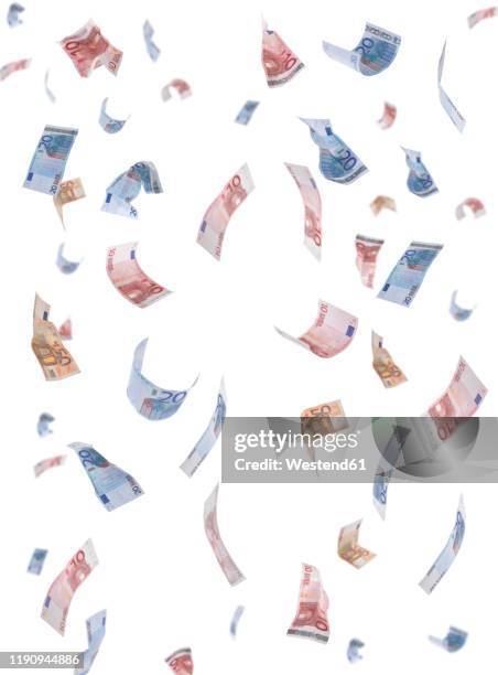 european currencies falling against white background - european union euro note stock pictures, royalty-free photos & images