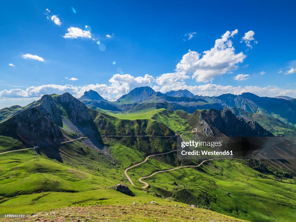 Scenic view of port of La Cubilla against blue sky, Asturias, Spain