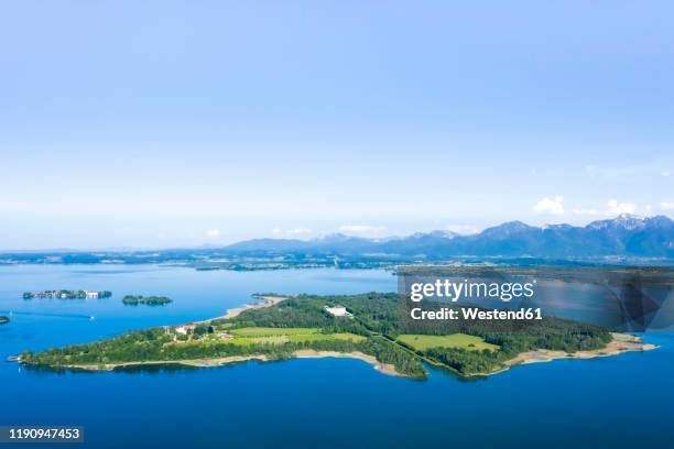 germany, bavaria, aerial view of herreninsel island on chiemsee lake - lago chiemsee fotografías e imágenes de stock