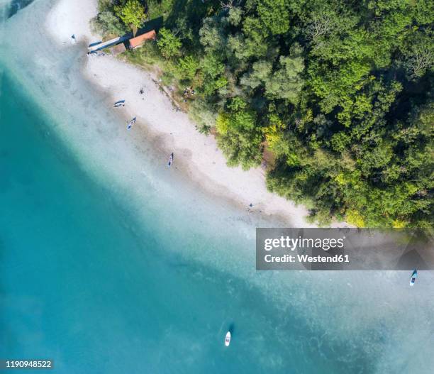 germany, bavaria, boats lying along island beach - chiemsee stock-fotos und bilder