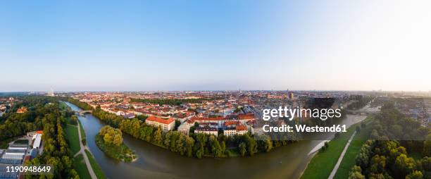 germany, bavaria, upper bavaria, munich cityscape with weiden island, wittelsbach bridge and reichenbach bridge on isar river - isar münchen stock pictures, royalty-free photos & images