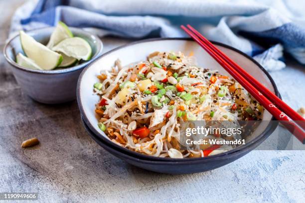 glass noodle salad with thai dressing, vegetables and chicken - fideo transparente fotografías e imágenes de stock