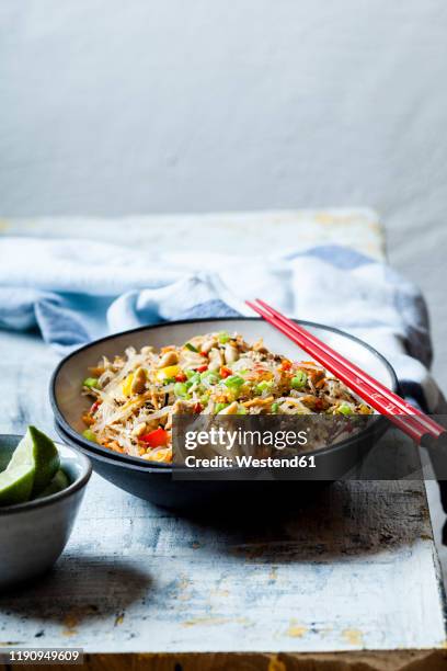 glass noodle salad withthaidressing, vegetables and chicken - fideo transparente fotografías e imágenes de stock