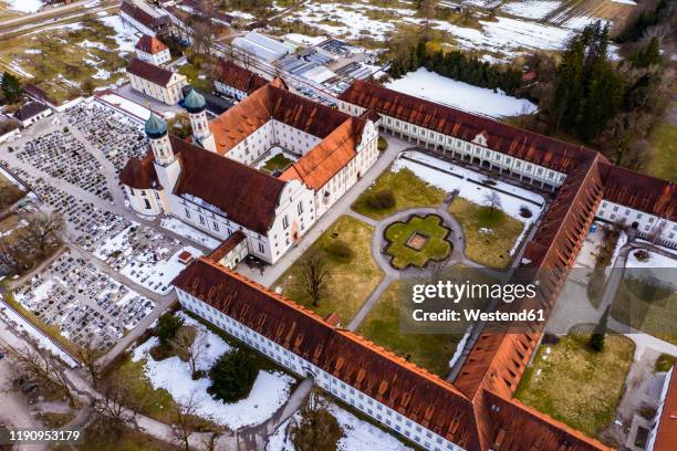 aerial view over benedictine monastery benediktbeuren in winter, bavaria, germany - benedictine stock pictures, royalty-free photos & images