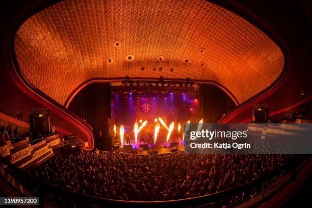 Johan Hegg, Ted Lundström, Johan Söderberg, Jocke Wallgren and Olavi Mikkonen of Amon Amarth perform at The O2 Apollo Manchester on November 29, 2019...