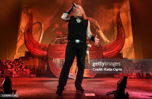 Johan Hegg of Amon Amarth performs at The O2 Apollo Manchester on November 29, 2019 in Manchester, England.