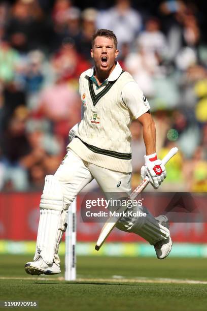 David Warner of Australia celebrates his triple century during day two of the 2nd Domain Test between Australia and Pakistan at the Adelaide Oval on...