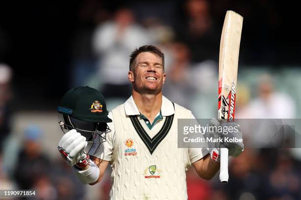 David Warner of Australia celebrates his triple century during day two of the 2nd Domain Test between Australia and Pakistan at the Adelaide Oval on...