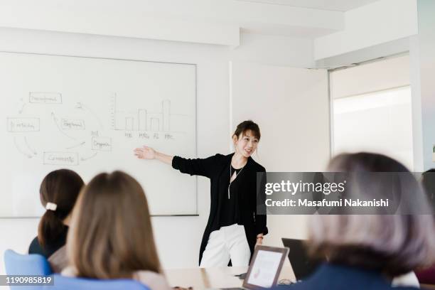 female leader giving a presentation at a meeting - bürobesprechung stock-fotos und bilder