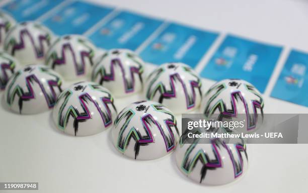 General view of the draw balls ahead of the UEFA Euro 2020 Final Draw Ceremony at Romexpo on November 30, 2019 in Bucharest, Romania.