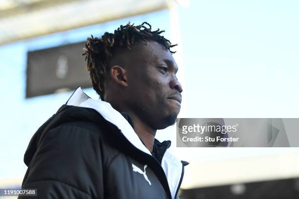 Christian Atsu of Newcastle United arrives at the stadium prior to the Premier League match between Newcastle United and Manchester City at St. James...