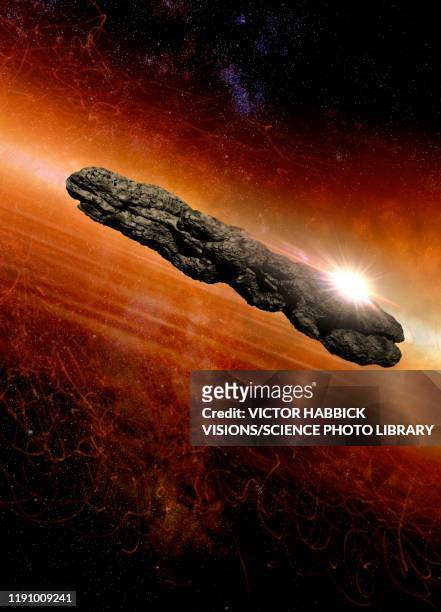 oumuamua asteroid, illustration - victor habbick stock illustrations
