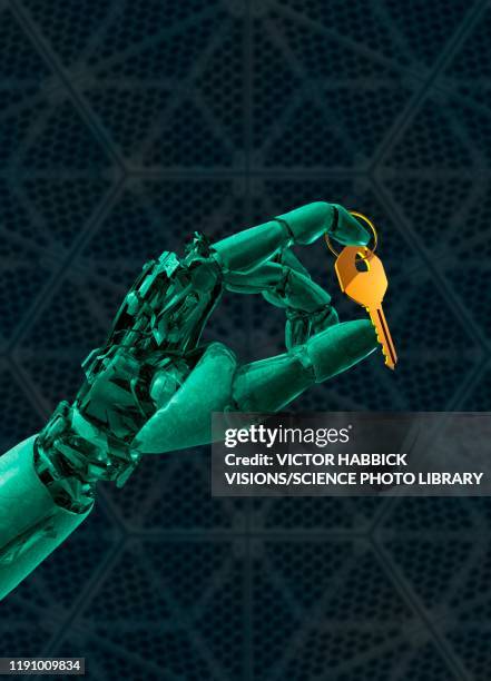 robotic hand with key, illustration - robotic arm stock illustrations