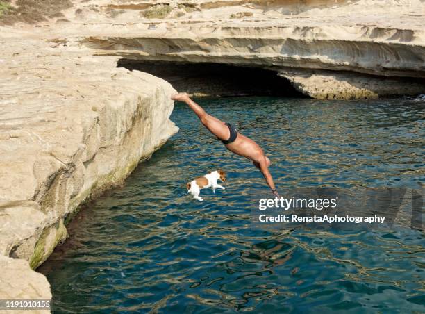 man and dog jumping into ocean, malta - malta diving stock pictures, royalty-free photos & images