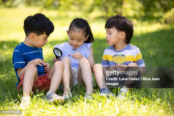happy chinese children playing on meadow - field trip ストックフォトと画像
