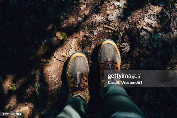 hiking boots in autumn on a path with leaves - looking down at shoes stock pictures, royalty-free photos & images