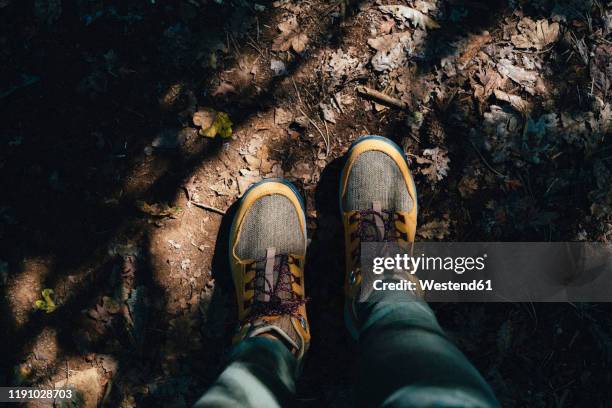 hiking boots in autumn on a path with leaves - foot pov stock pictures, royalty-free photos & images
