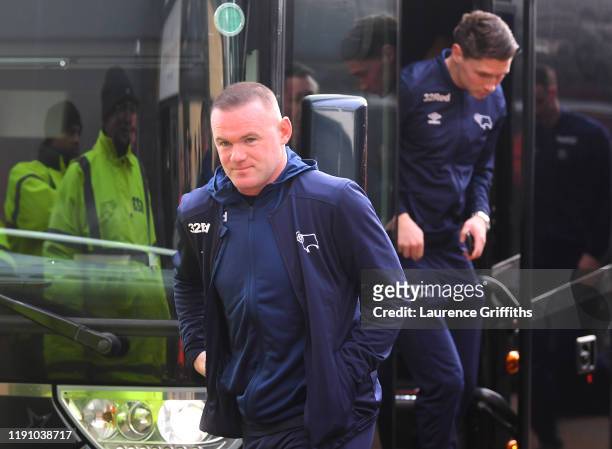 Wayne Rooney of Derby County arrives at the stadium prior to the Sky Bet Championship match between Derby County and Queens Park Rangers at Pride...