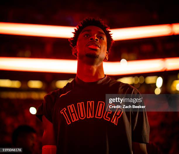 Shai Gilgeous-Alexander of the Oklahoma City Thunder looks on before the game against the Toronto Raptors on December 29, 2019 at the Scotiabank...