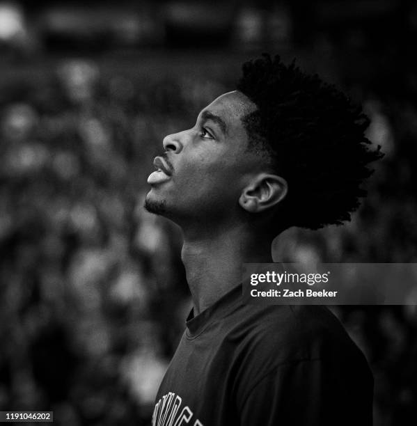 Shai Gilgeous-Alexander of the Oklahoma City Thunder looks on before the game against the Toronto Raptors on December 29, 2019 at the Scotiabank...