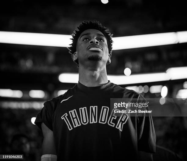 Shai Gilgeous-Alexander of the Oklahoma City Thunder looks on before the game against the Toronto Raptors on December 29, 2019 at the Scotiabank...