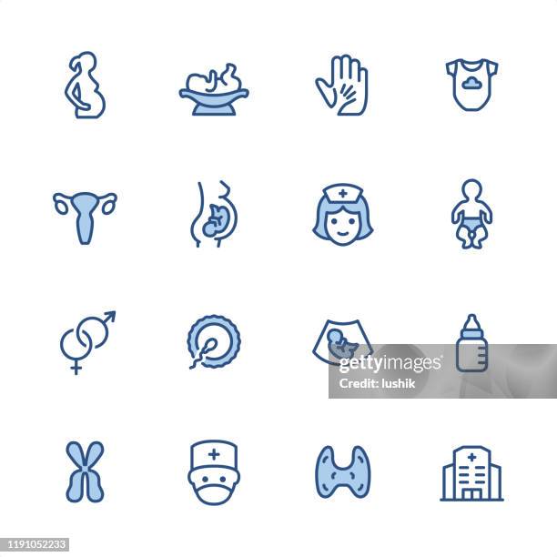 ilustraciones, imágenes clip art, dibujos animados e iconos de stock de embarazo - pixel perfect iconos de contorno azul - cuidado prenatal