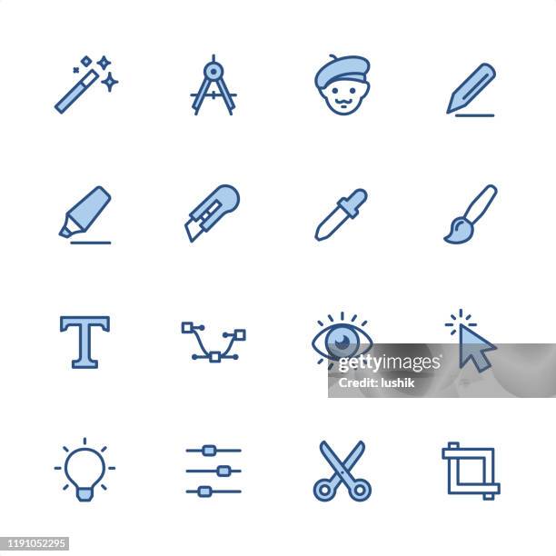 design studio - pixel perfect blue outline icons - proofreading stock illustrations