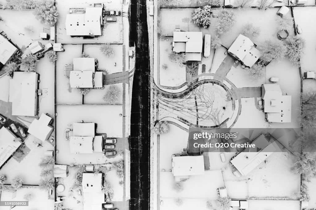 Snowy Neighborhood Drone Aerial View