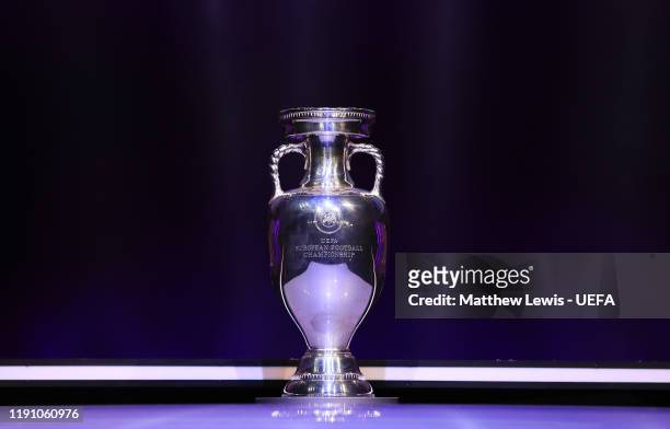 The Henri Delaunay Trophy is seen ahead of the UEFA Euro 2020 Final Draw Ceremony at Romexpo on November 30, 2019 in Bucharest, Romania.