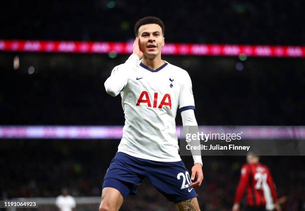 Dele Alli of Tottenham Hotspur celebrates after scoring his team's second goal during the Premier League match between Tottenham Hotspur and AFC...