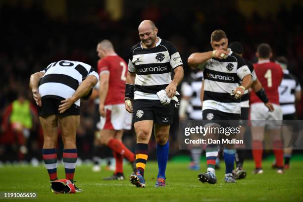 Schalk Brits of the Barbarians bows to Rory Best of the Barbarians as he leaves the field for the final time during the international friendly match...