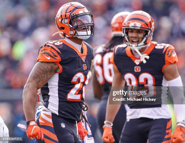 Joe Mixon of the Cincinnati Bengals reacts during the game against the New England Patriots at Paul Brown Stadium on December 15, 2019 in Cincinnati,...