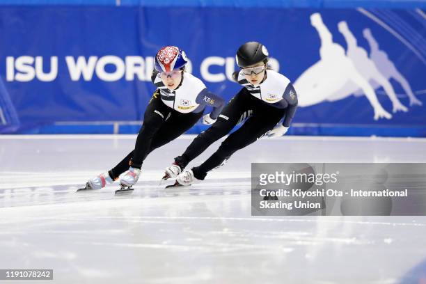 Noh Ah Rum of South Korea and Choi Min Jeong of South Korea compete in the Ladies' 1000m Quarterfinal during the ISU World Cup Short Track at the...