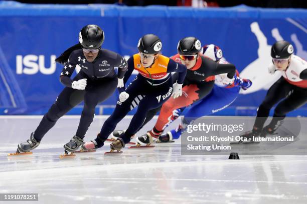 Maame Biney of the United States competes in the Ladies' 1000m Quarterfinal during the ISU World Cup Short Track at the Nippon Gaishi Arena on...