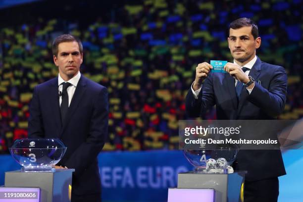 Iker Casillas, Former Spain player draws Play-Off Winner D from the pot during the UEFA Euro 2020 Final Draw Ceremony at the Romexpo on November 30,...