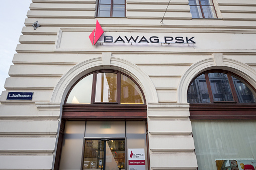 Bawag PSK logo in front of their office for Vienna. Bawag PSK is an Austrian retail and commercial bank, the fourth largest in the country.