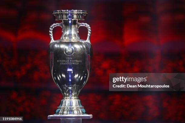 The Henri Delaunay Trophy is seen on stage after the UEFA Euro 2020 Final Draw Ceremony at the Romexpo on November 30, 2019 in Bucharest, Romania.