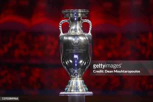 The Henri Delaunay Trophy is seen on stage after the UEFA Euro 2020 Final Draw Ceremony at the Romexpo on November 30, 2019 in Bucharest, Romania.