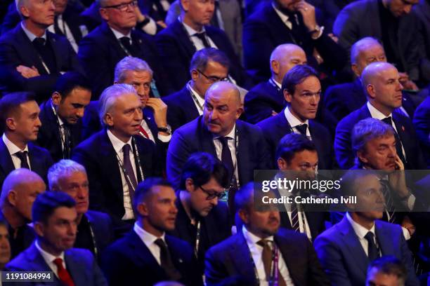 Stanislav Cherchesov, Head Coach of Russia looks on during the UEFA Euro 2020 Final Draw Ceremony at Romexpo on November 30, 2019 in Bucharest,...