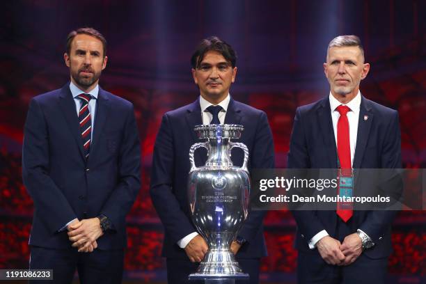 Gareth Southgate, Head Coach of England, Zlatko Dalic, Head Coach of Croatia, and Jaroslav Silhavy, Head Coach of Czech Republic pose with the Henri...