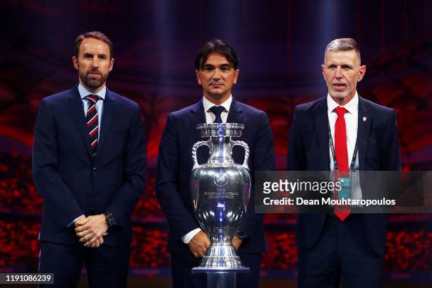 Gareth Southgate, Head Coach of England, Zlatko Dalic, Head Coach of Croatia, and Jaroslav Silhavy, Head Coach of Czech Republic pose with the Henri...