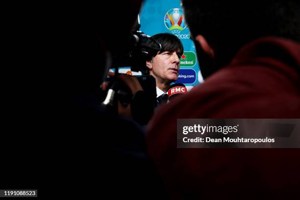 Joachim Loew, Head Coach of Germany speaks to the media following the UEFA Euro 2020 Final Draw Ceremony at the Romexpo on November 30, 2019 in...