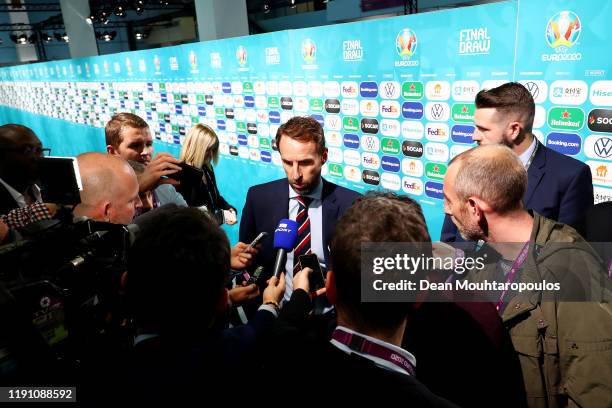 Gareth Southgate, Head Coach of England speaks to the media following the UEFA Euro 2020 Final Draw Ceremony at the Romexpo on November 30, 2019 in...