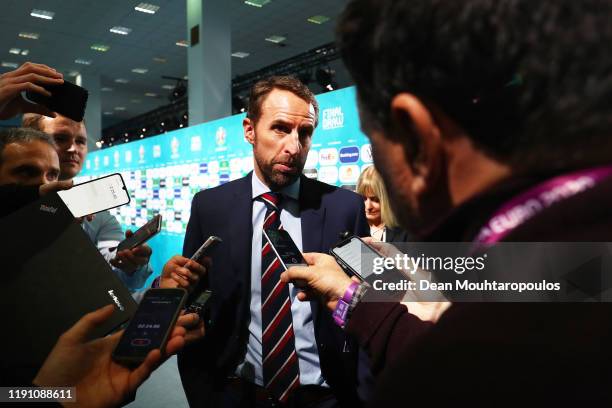 Gareth Southgate, Head Coach of England speaks to the media following the UEFA Euro 2020 Final Draw Ceremony at the Romexpo on November 30, 2019 in...