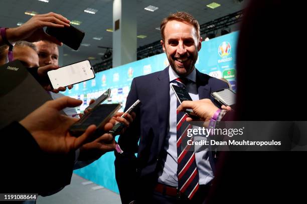 Gareth Southgate, Head Coach of England speaks to the media following the UEFA Euro 2020 Final Draw Ceremony at the Romexpo on November 30, 2019 in...