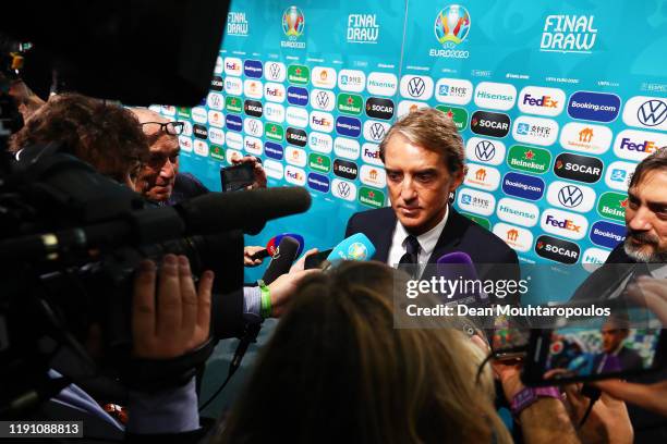 Roberto Mancini, Head Coach of Italy speaks to the media following the UEFA Euro 2020 Final Draw Ceremony at the Romexpo on November 30, 2019 in...