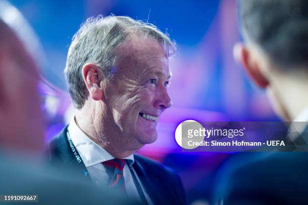 Age Hareide, head coach of Denmark, is smiling during the UEFA Euro 2020 Draw Ceremony at Romexpo on November 30, 2019 in Bucharest, Romania.