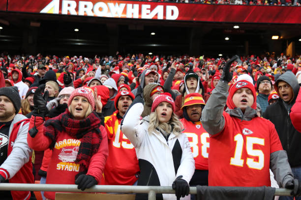 Kansas City Chiefs fans do the Tomahawk Chop in the third quarter of an AFC West game between the Los Angeles Chargers and Kansas City Chiefs on...