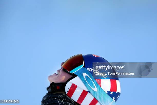 Mikaela Shiffrin of the United States reacts after crossing the finish line for third place in the Women's Giant Slalom during the Audi FIS Ski World...