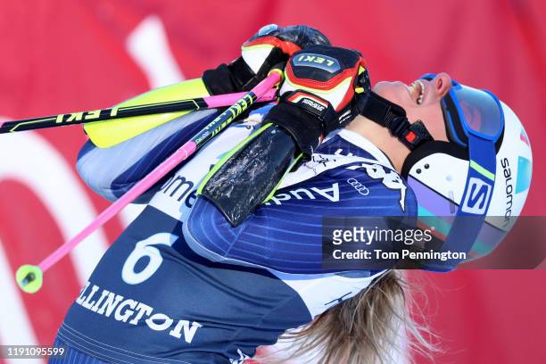 Marta Bassino of Italy celebrates after crossing the finish line to win the Women's Giant Slalom during the Audi FIS Ski World Cup - Killington Cup...